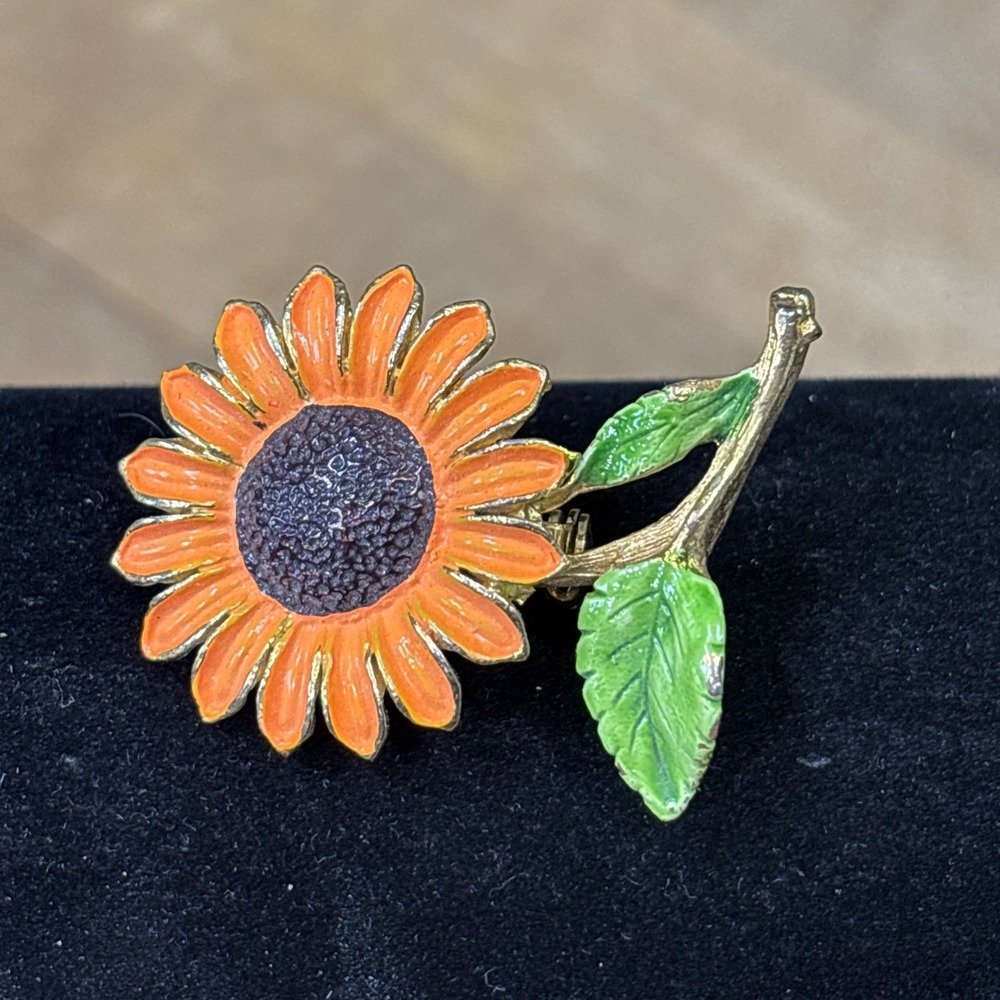 Vintage 1960s Rafaelian Enamel Sunflower Brooch Flower Power Gold Tone Signed